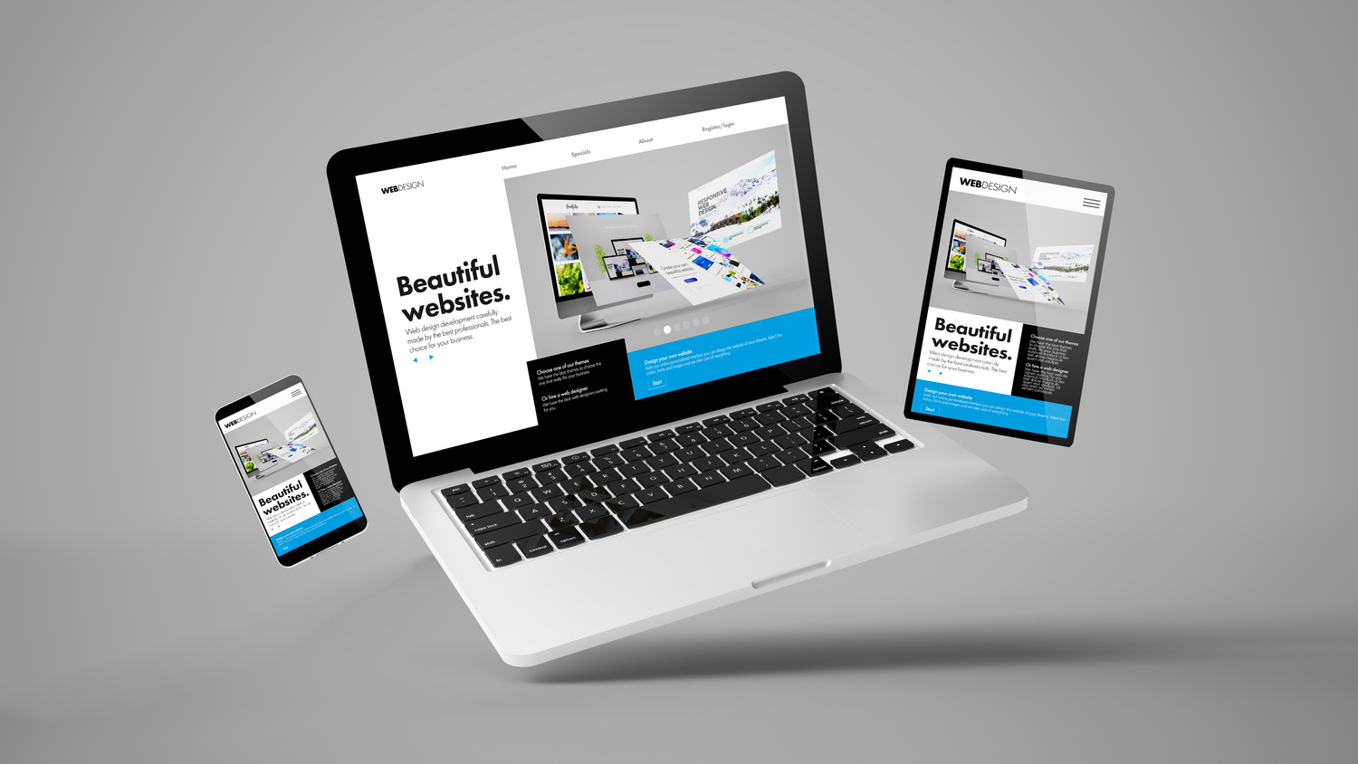 Flying Tablet, Laptop and Mobile Phone Showing  Builder Website